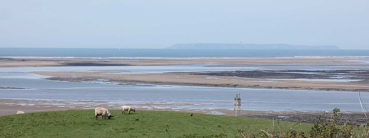 Sheep grazing on the slopes by one of the Leading Lights at Instow